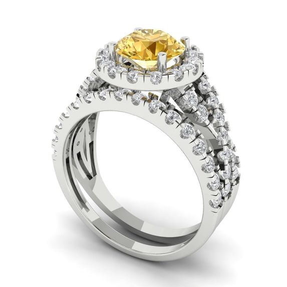 1.92 ct Brilliant Round Cut Yellow Zircon 14k White Gold Halo Solitaire with Accents Engagement Bridal Wedding Ring Band Set size 3.5