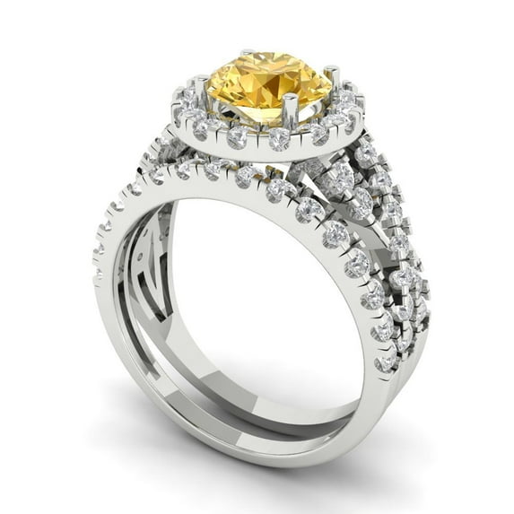 1.92 ct Brilliant Round Cut Yellow Zircon 14k White Gold Halo Solitaire with Accents Engagement Bridal Wedding Ring Band Set size 8.75