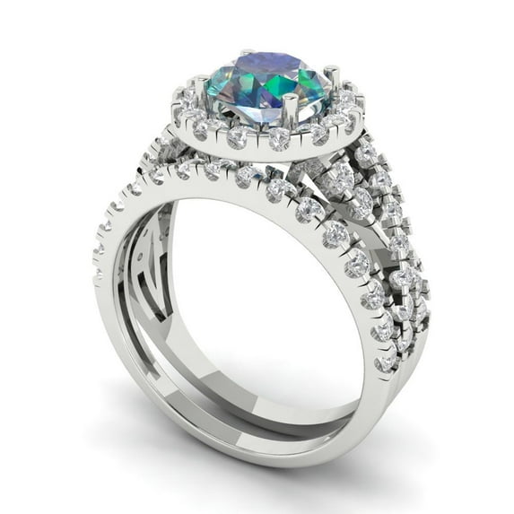 1.92 ct Brilliant Round Cut Blue Moissanite 14k White Gold Halo Solitaire with Accents Engagement Bridal Wedding Ring Band Set size 4.25