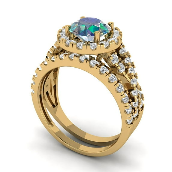 1.92 ct Brilliant Round Cut Blue Moissanite 14k Yellow Gold Halo Solitaire with Accents Engagement Bridal Wedding Ring Band Set size 8.25