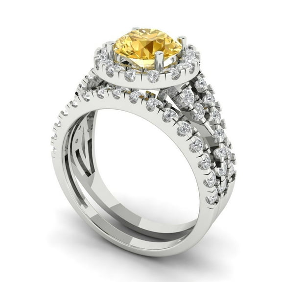 1.92 ct Brilliant Round Cut Yellow Moissanite 18K White Gold Halo Solitaire with Accents Engagement Bridal Wedding Ring Band Set size 3.5