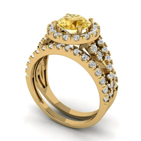 1.92 ct Brilliant Round Cut Yellow Moissanite 18K Yellow Gold Halo Solitaire with Accents Engagement Bridal Wedding Ring Band Set size 8.75