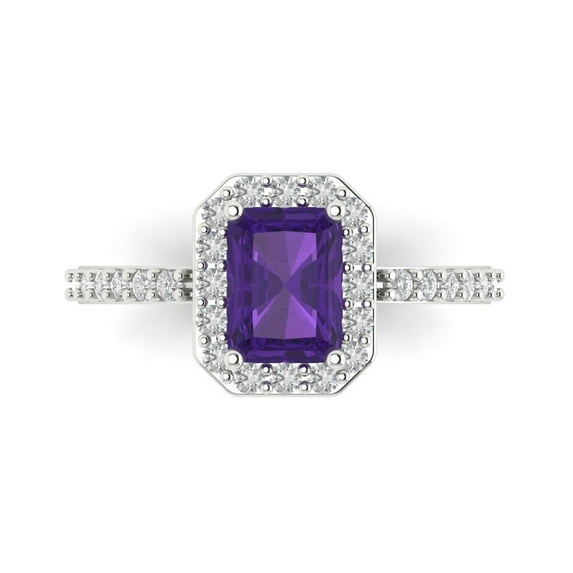 1.92 ct Emerald Cut Natural Amethyst Solitaire with Simulated Diamond Accents 14K White Gold Womens Engagement Ring