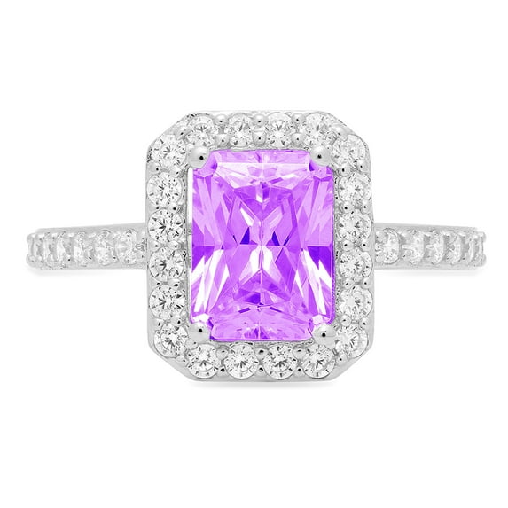 1.92 ct Emerald Cut Natural Amethyst Solitaire with Simulated Diamond Accents 18K White Gold Womens Engagement Ring