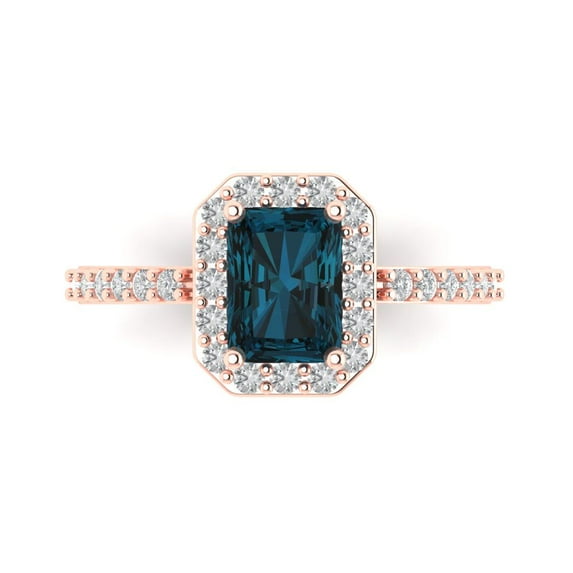 1.92 ct Emerald Cut Natural London Blue Topaz Solitaire with Simulated Diamond Accents 18K Rose Gold Womens Engagement Ring