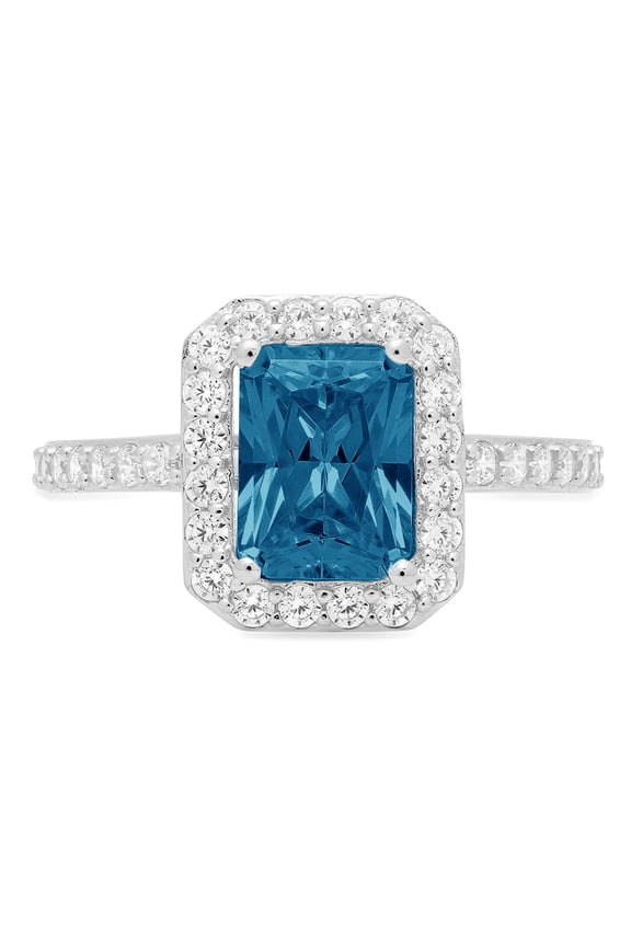 1.92 ct Emerald Cut Natural London Blue Topaz Solitaire with Simulated Diamond Accents 18K White Gold Womens Engagement Ring