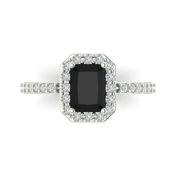 1.92 ctw Solitaire with Zirconia Diamond Accents Anniversary Ring for Women | Emerald Cut Natural Onyx | Hyperallergenic Solid 14K White Gold