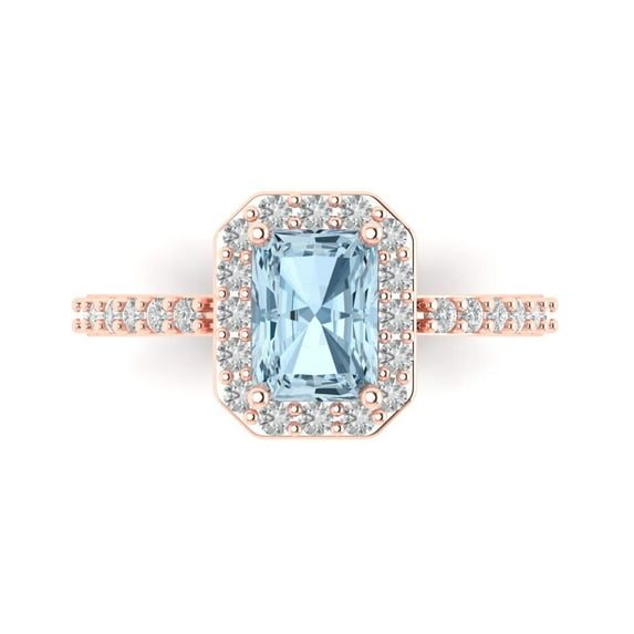 Clara Pucci 14K Rose Gold Solid Gold SwissBlueTopaz Solitaire with Accents Anniversary Ring for Women - 1.92 cttw Emerald Cut