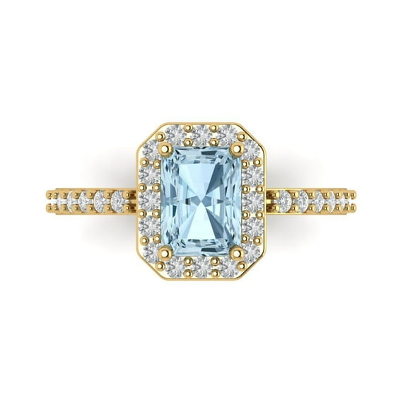 1.92 ct Emerald Cut Natural Swiss Blue Topaz with Simulated Diamond Halo Accents 18K Yellow Gold Womens Engagement Ring