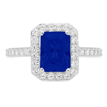 1.92 ct Emerald Cut Simulated Blue Sapphire Solitaire with Simulated Diamond Accents 14K White Gold Womens Engagement Ring