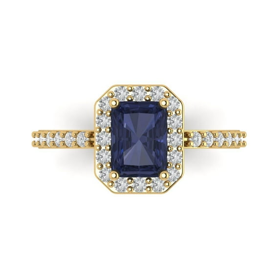1.92 ct Emerald Cut Simulated Blue Sapphire with Simulated Diamond Halo Accents 14K Yellow Gold Womens Engagement Ring