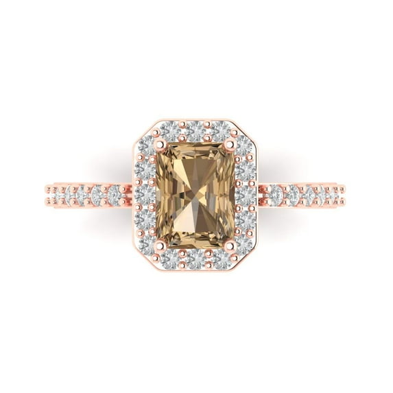 Clara Pucci 14K Rose Gold Solid Gold Champagne Solitaire with Accents Anniversary Ring for Women - 1.92 cttw Emerald Cut