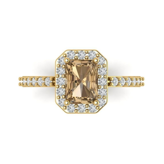 1.92 ct Emerald Cut Simulated Champagne Diamond with Simulated Diamond Halo Accents 18K Yellow Gold Womens Engagement Ring