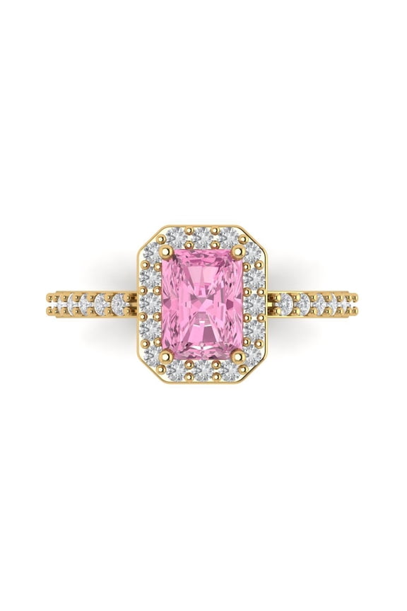 1.92 ctw with Simulated Diamond Halo Accents Anniversary Ring for Women | Emerald Cut Simulated Pink Diamond | Hyperallergenic Solid 18K Yellow Gold