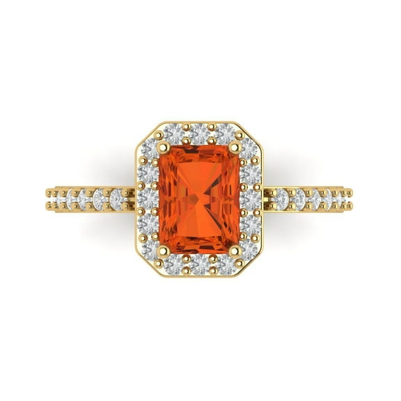 1.92 ct Emerald Cut Simulated Red Diamond Halo Engagement Ring for Women in 14K Yellow Gold