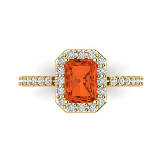 1.92 ctw with Simulated Diamond Halo Accents Anniversary Ring for Women | Emerald Cut Simulated Red Diamond | Hyperallergenic Solid 18K Yellow Gold