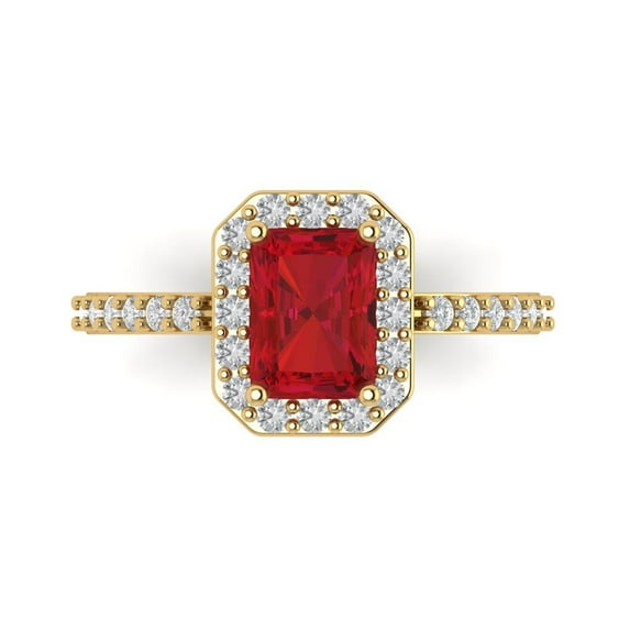 1.92 ct Emerald Cut Simulated Ruby Halo Engagement Ring for Women in 18K Yellow Gold