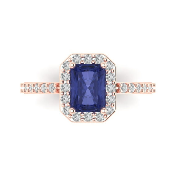 1.92 ct Emerald Cut Simulated Tanzanite Solitaire with Simulated Diamond Accents 18K Rose Gold Womens Engagement Ring