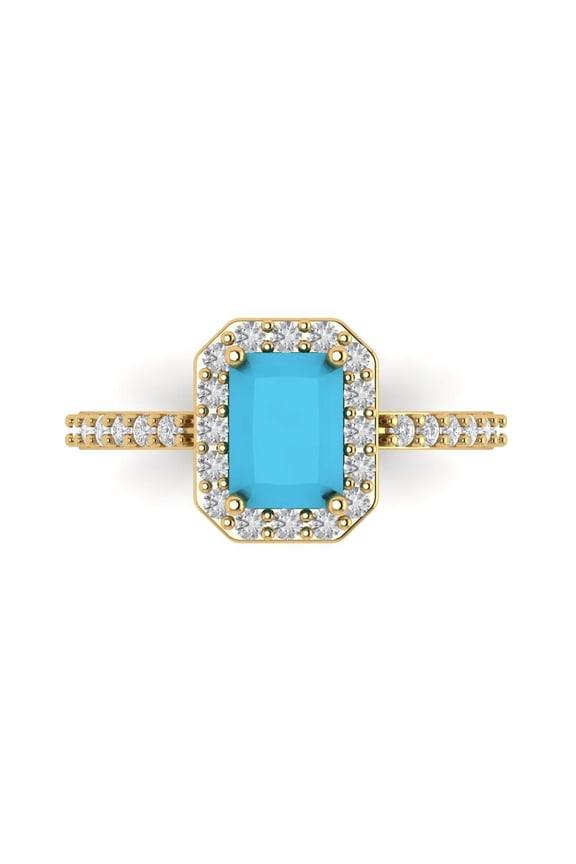 1.92 ct Emerald Cut Simulated Turquoise Halo Engagement Ring for Women in 18K Yellow Gold
