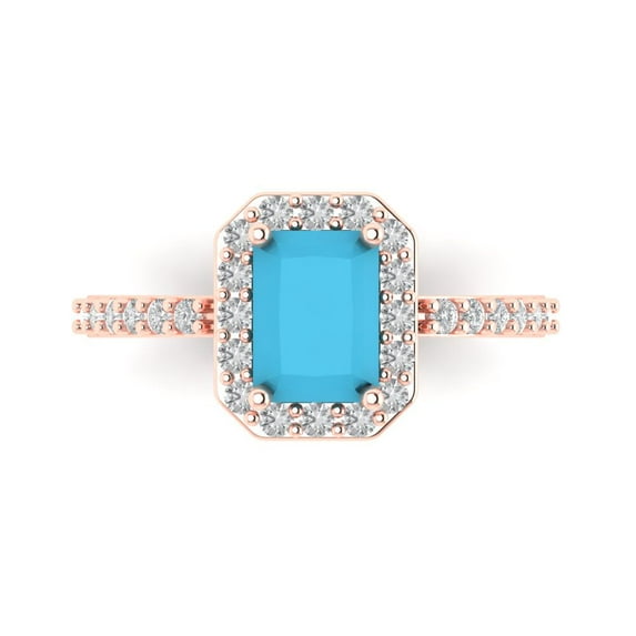 Clara Pucci 14K Rose Gold Solid Gold Turquoise Solitaire with Accents Anniversary Ring for Women - 1.92 cttw Emerald Cut