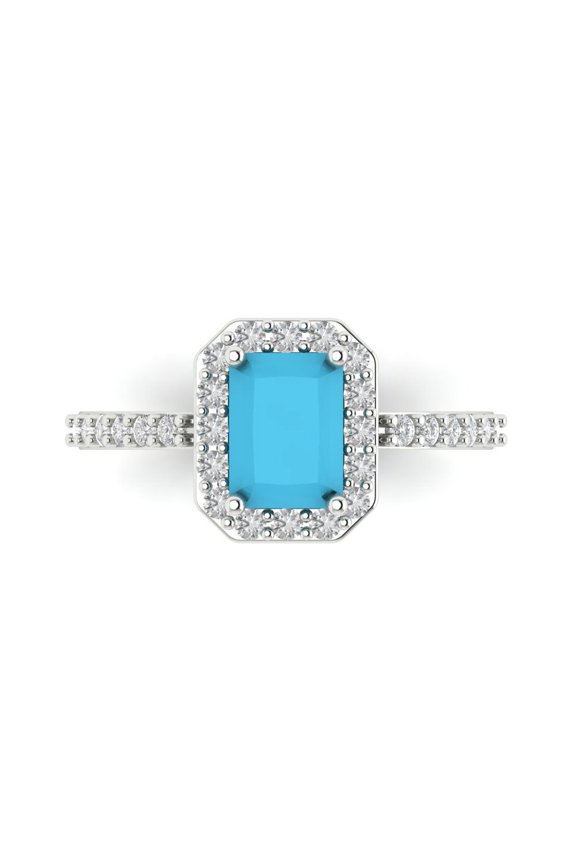 1.92 ctw Solitaire with Zirconia Diamond Accents Anniversary Ring for Women | Emerald Cut Simulated Turquoise | Hyperallergenic Solid 14K White Gold