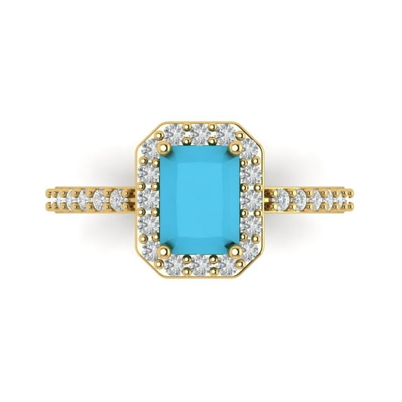 Clara Pucci 14K Yellow Gold Solid Gold Turquoise Halo Anniversary Ring for Women - 1.92 cttw Emerald Cut