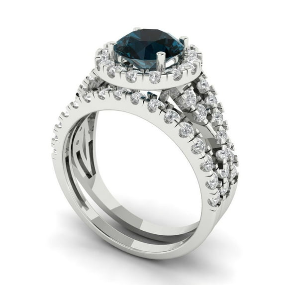 Clara Pucci 18K White Gold 1.795 Natural London Blue Topaz Engraveable Engagement Ring + Wedding Band Set