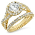thumbnail image 1 of 1.92 ct Round Cut Genuine Cultured Diamond VS1-VS2 G-H 14K Yellow Gold Halo Engagement Wedding Bridal Set Designer Ring bW/ Set W/ Crystal side stones size 6, 1 of 7