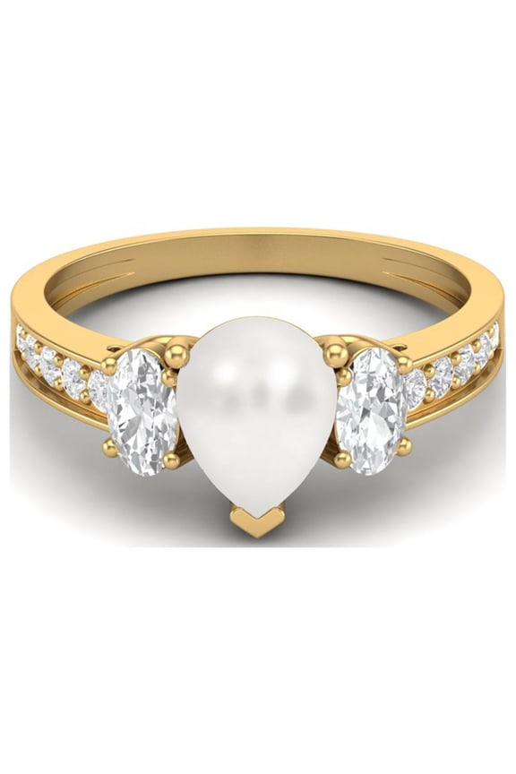 1.93 Cts Pear Pearl 925 Sterling Silver Gold Vermeil Three Stone Women Engagement Ring