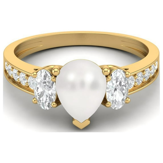1.93 Cts Pear Pearl 925 Sterling Silver Gold Vermeil Three Stone Accent Engagement Valentines Day Gifts Ring For Women