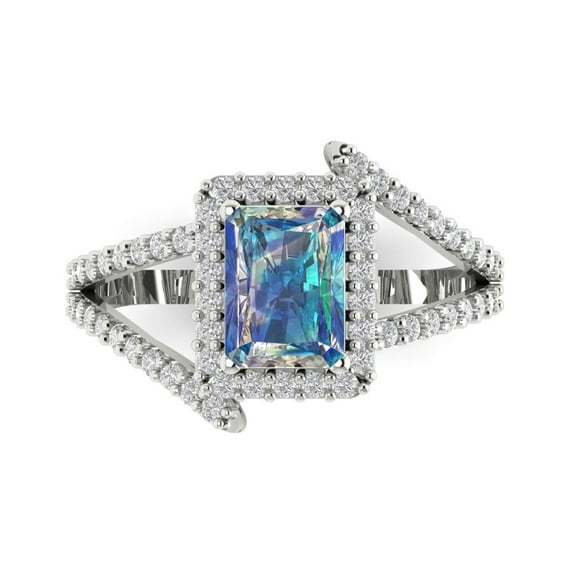 1.935 ctw with Simulated Diamond Halo Accents Anniversary Ring for Women | Emerald Cut Blue Moissanite | Hyperallergenic Solid 14K White Gold
