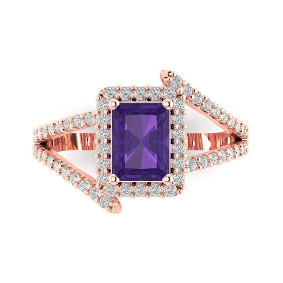 1.935 ct Emerald Cut Natural Amethyst Solitaire with Accents Engagement Ring for Women in 18K Rose Gold