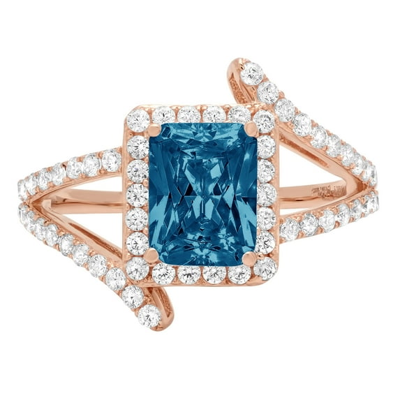 1.935 ct Emerald Cut Natural London Blue Topaz Solitaire with Simulated Diamond Accents 18K Rose Gold Womens Engagement Ring