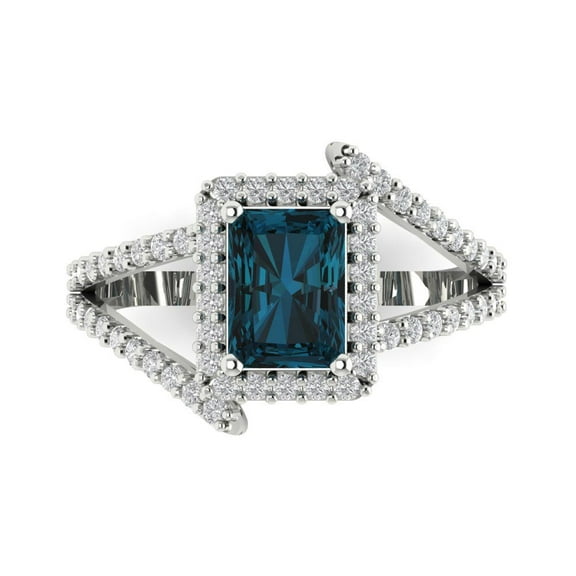1.935 ct Emerald Cut Natural London Blue Topaz with Simulated Diamond Halo Accents 14K White Gold Womens Engagement Ring