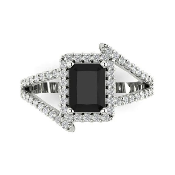 1.935 ct Emerald Cut Natural Onyx Halo Engagement Ring for Women in 18K White Gold
