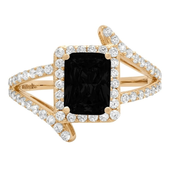 1.935 ct Emerald Cut Natural Onyx Solitaire with Simulated Diamond Accents 14K Yellow Gold Womens Engagement Ring
