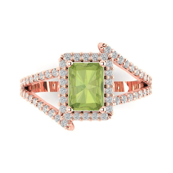 1.935 ct Emerald Cut Natural Peridot Solitaire with Simulated Diamond Accents 18K Rose Gold Womens Engagement Ring