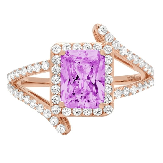 1.935 ct Emerald Cut Simulated Alexandrite Solitaire with Simulated Diamond Accents 18K Rose Gold Womens Engagement Ring