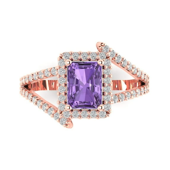 1.935 ctw Solitaire with Zirconia Diamond Accents Anniversary Ring for Women | Emerald Cut Simulated Alexandrite | Hyperallergenic Solid 18K Rose Gold