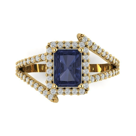 1.935 ct Emerald Cut Simulated Blue Sapphire Solitaire with Simulated Diamond Accents 14K Yellow Gold Womens Engagement Ring
