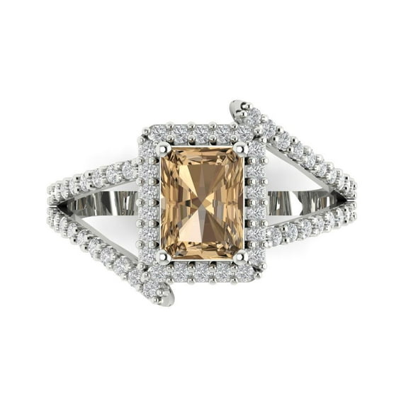 1.935 ct Emerald Cut Simulated Champagne Diamond with Simulated Diamond Halo Accents 18K White Gold Womens Engagement Ring