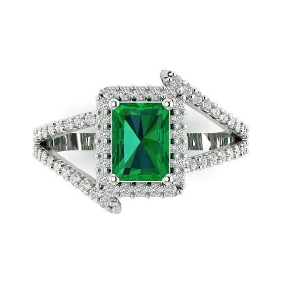 1.935 ct Emerald Cut Simulated Emerald Halo Engagement Ring for Women in 18K White Gold