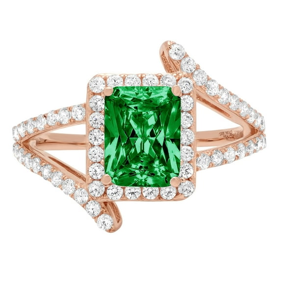 1.935 ct Emerald Cut Simulated Emerald Solitaire with Simulated Diamond Accents 18K Rose Gold Womens Engagement Ring