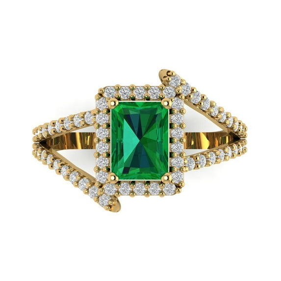 1.935 ct Emerald Cut Simulated Emerald Solitaire with Simulated Diamond Accents 18K Yellow Gold Womens Engagement Ring