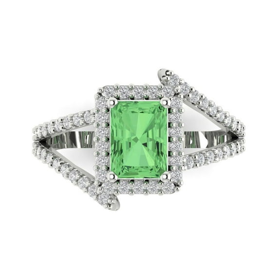 1.935 ctw with Simulated Diamond Halo Accents Anniversary Ring for Women | Emerald Cut Simulated Green Diamond | Hyperallergenic Solid 18K White Gold