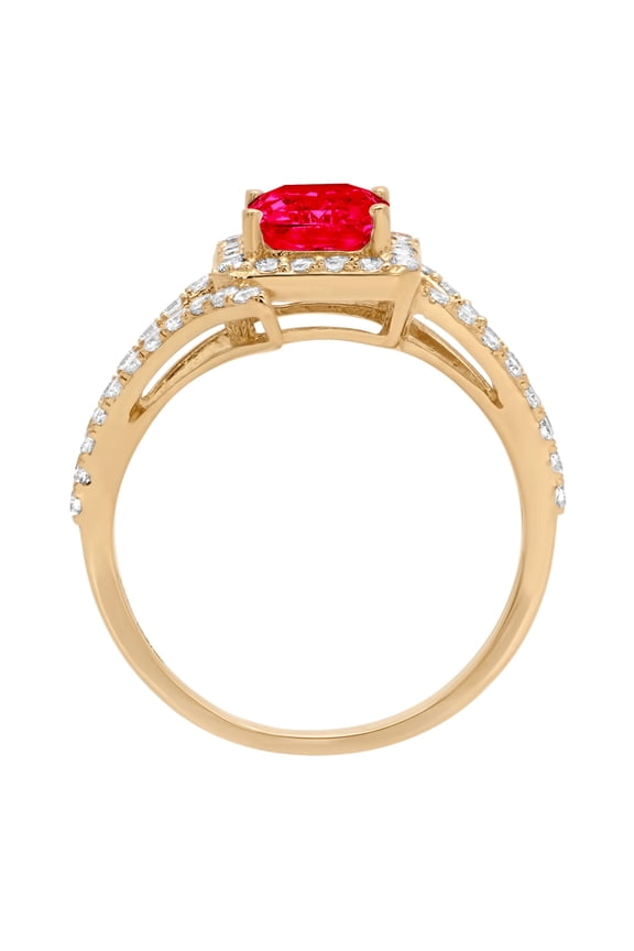 1.935 ct Emerald Cut Simulated Ruby Solitaire with Accents Engagement Ring for Women in 18K Yellow Gold