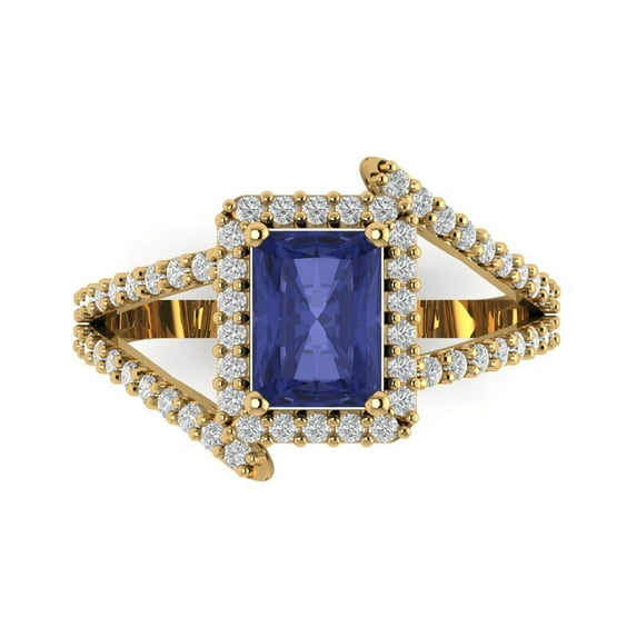 1.935 ct Emerald Cut Simulated Tanzanite Solitaire with Accents Engagement Ring for Women in 18K Yellow Gold