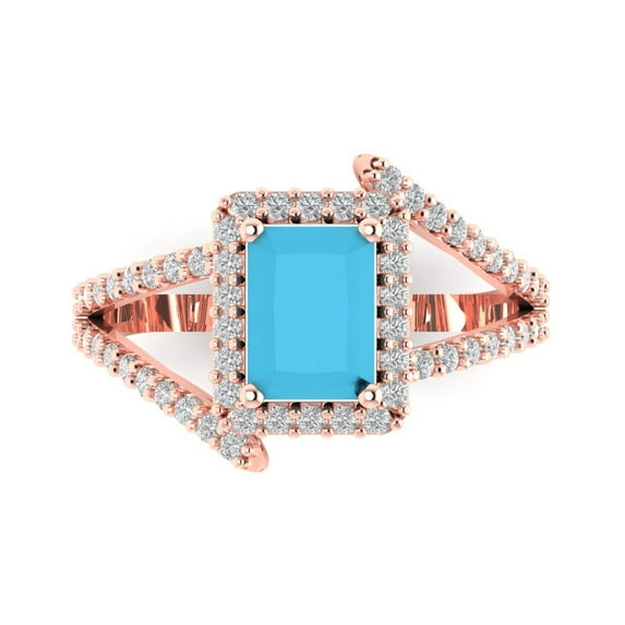 1.935 ctw Solitaire with Zirconia Diamond Accents Anniversary Ring for Women | Emerald Cut Simulated Turquoise | Hyperallergenic Solid 14K Rose Gold