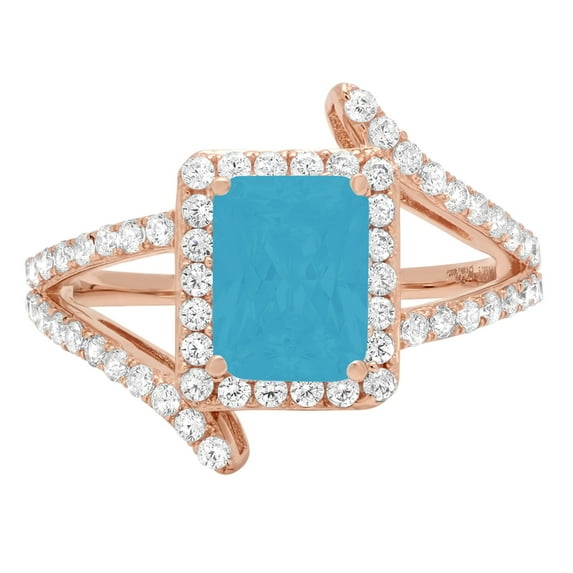 1.935 ct Emerald Cut Simulated Turquoise Solitaire with Simulated Diamond Accents 14K Rose Gold Womens Engagement Ring