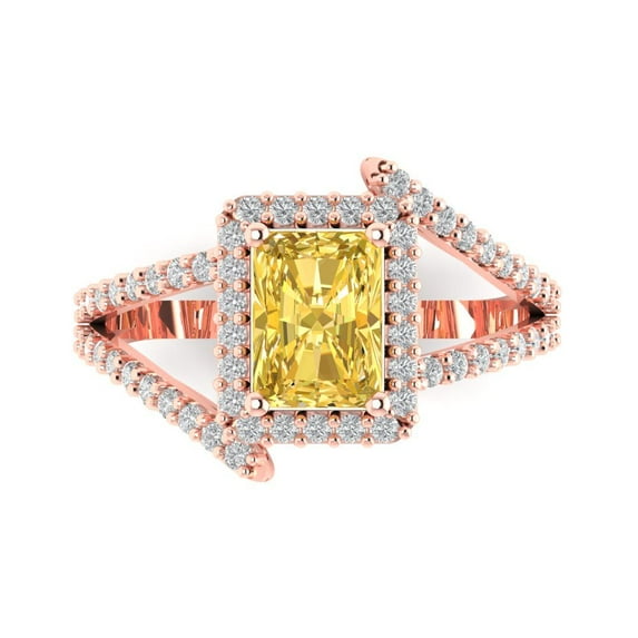 1.935 ct Emerald Cut Simulated Yellow Diamond Solitaire with Simulated Diamond Accents 14K Rose Gold Womens Engagement Ring